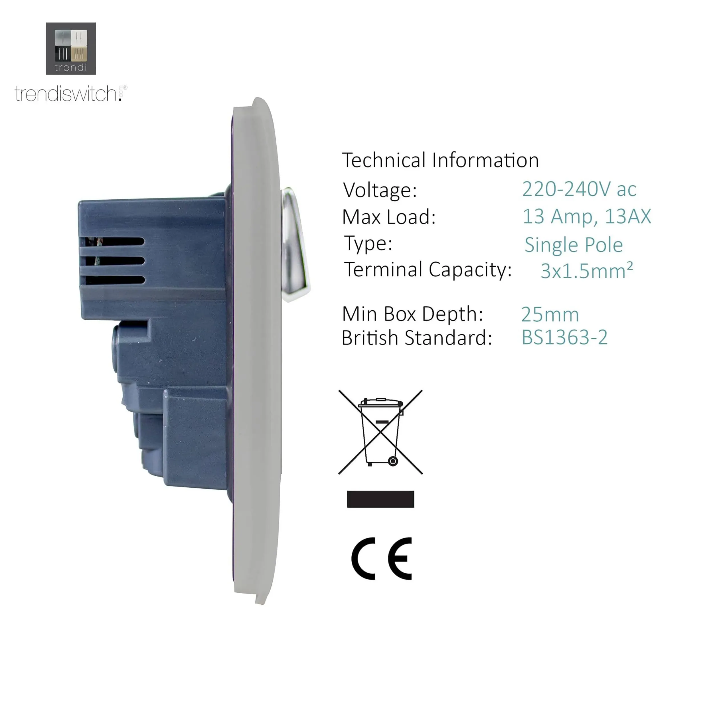 1 Gang 13Amp Switched Single Socket With 2 x USB Light Grey ART-SKT13USBLG  Trendi Light Grey